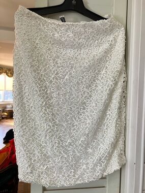 Lace-Overlay White Pencil Skirt